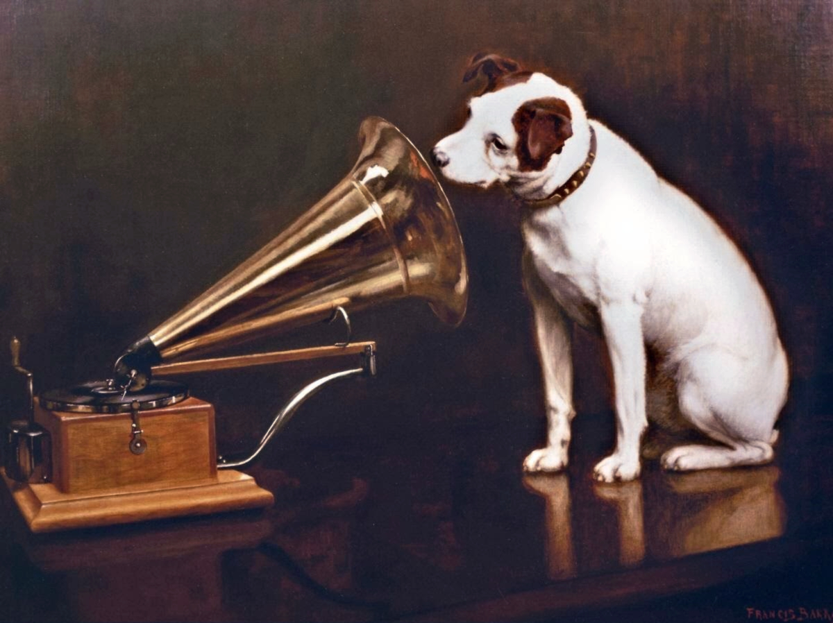 The disc gramophone version of "His Master's Voice." The image of the dog and the horn later became a widely recognized symbol of the record industry.