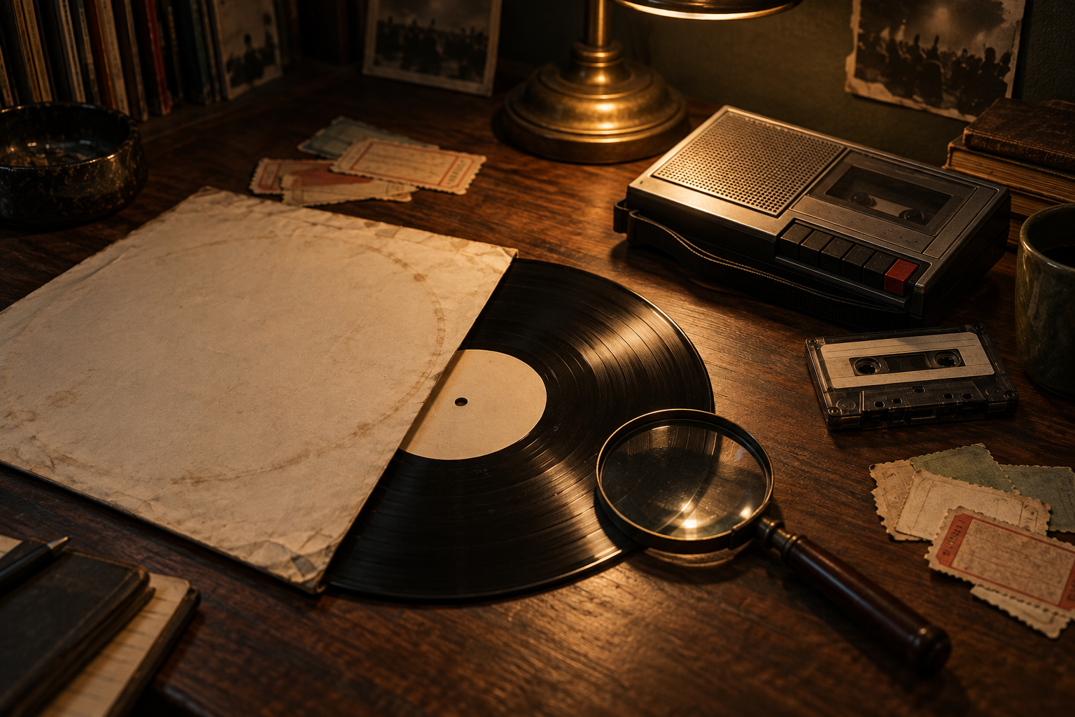 AI-generated editorial illustration: a plain sleeve, a vinyl record and a portable recorder. This fictional scene does not depict a specific bootleg release.
