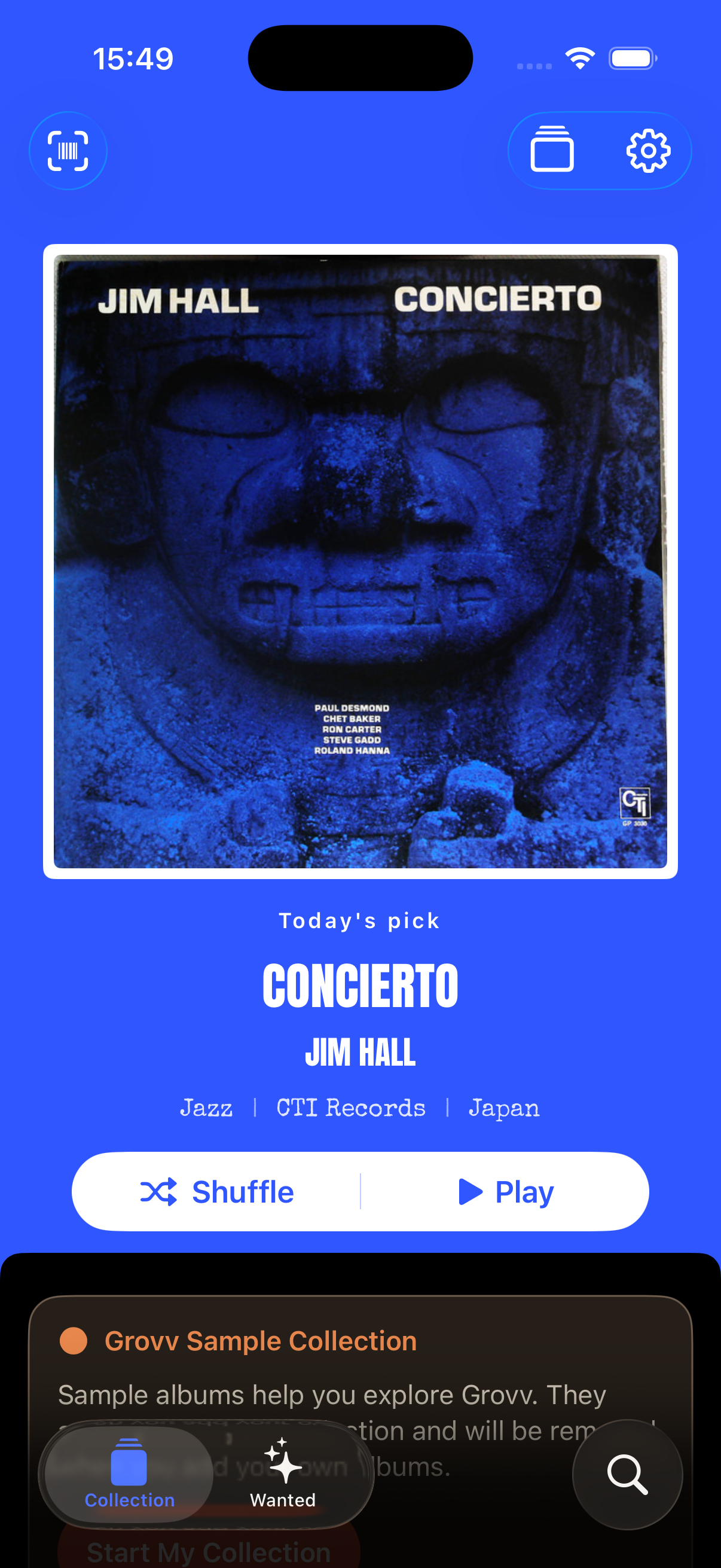 Today's Pick in the running CRATTO app, with Shuffle and Play controls. The example shown is Jim Hall's Concierto from the sample collection.