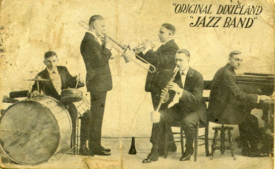 A promotional card for the Original Dixieland Jazz Band, around 1917–1918. In 1917 this white band made what is widely regarded as the first jazz record. Photographer unknown, public domain, via Wikimedia Commons.