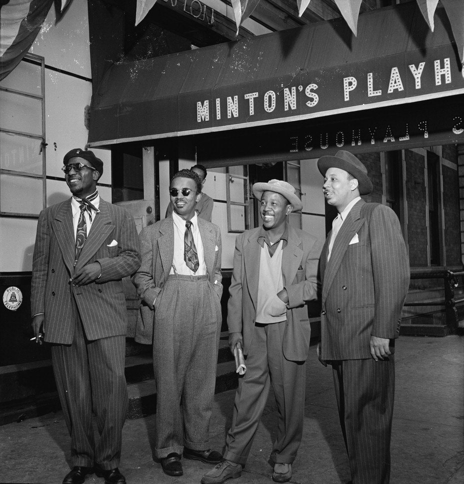 Outside Minton's Playhouse, 1947. From left: pianist Thelonious Monk, trumpeter Howard McGhee, trumpeter Roy Eldridge and club manager Teddy Hill. Photo by William P. Gottlieb, Library of Congress, public domain.