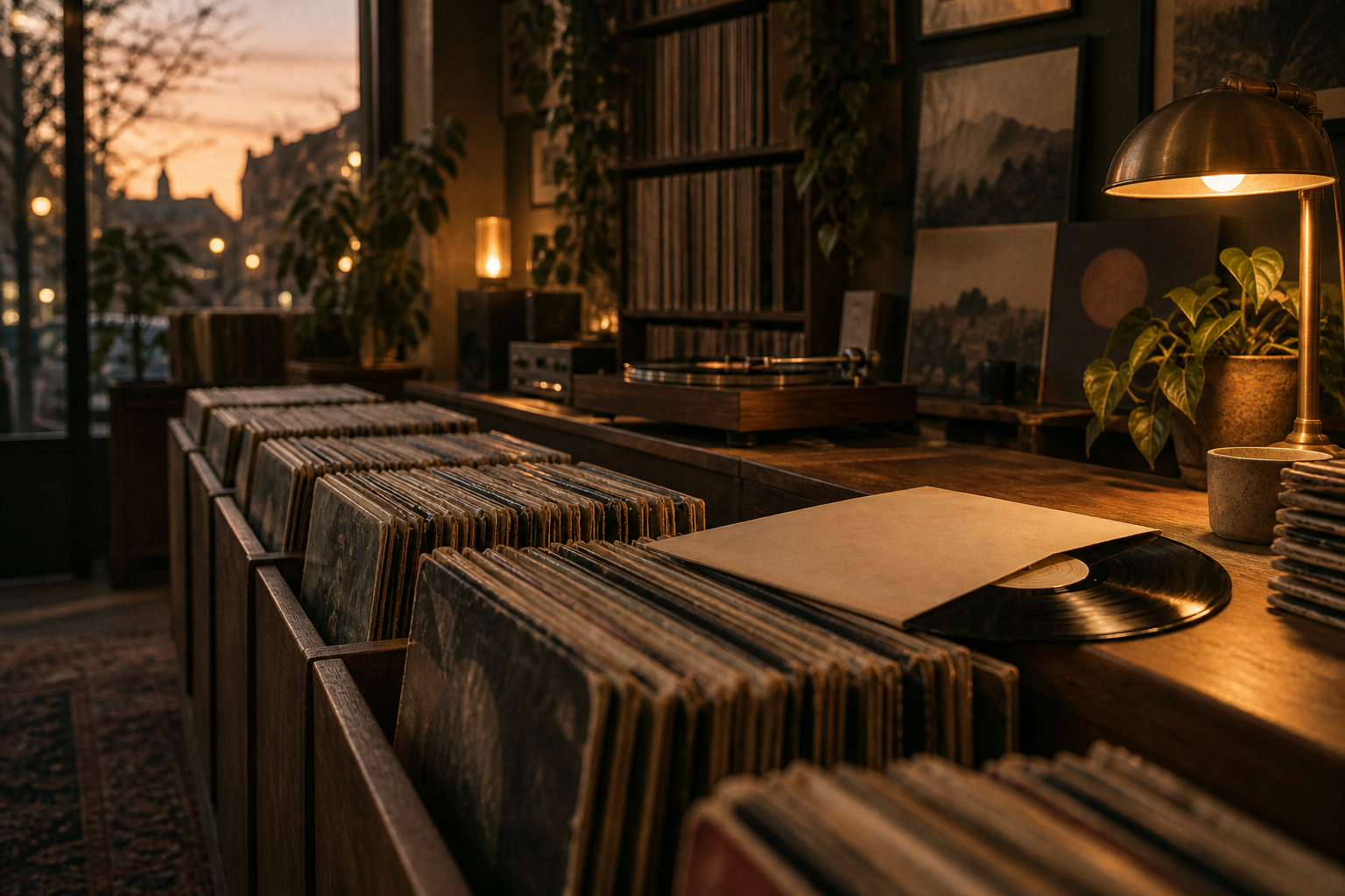 Warm lamplight over vinyl crates in a quiet record shop