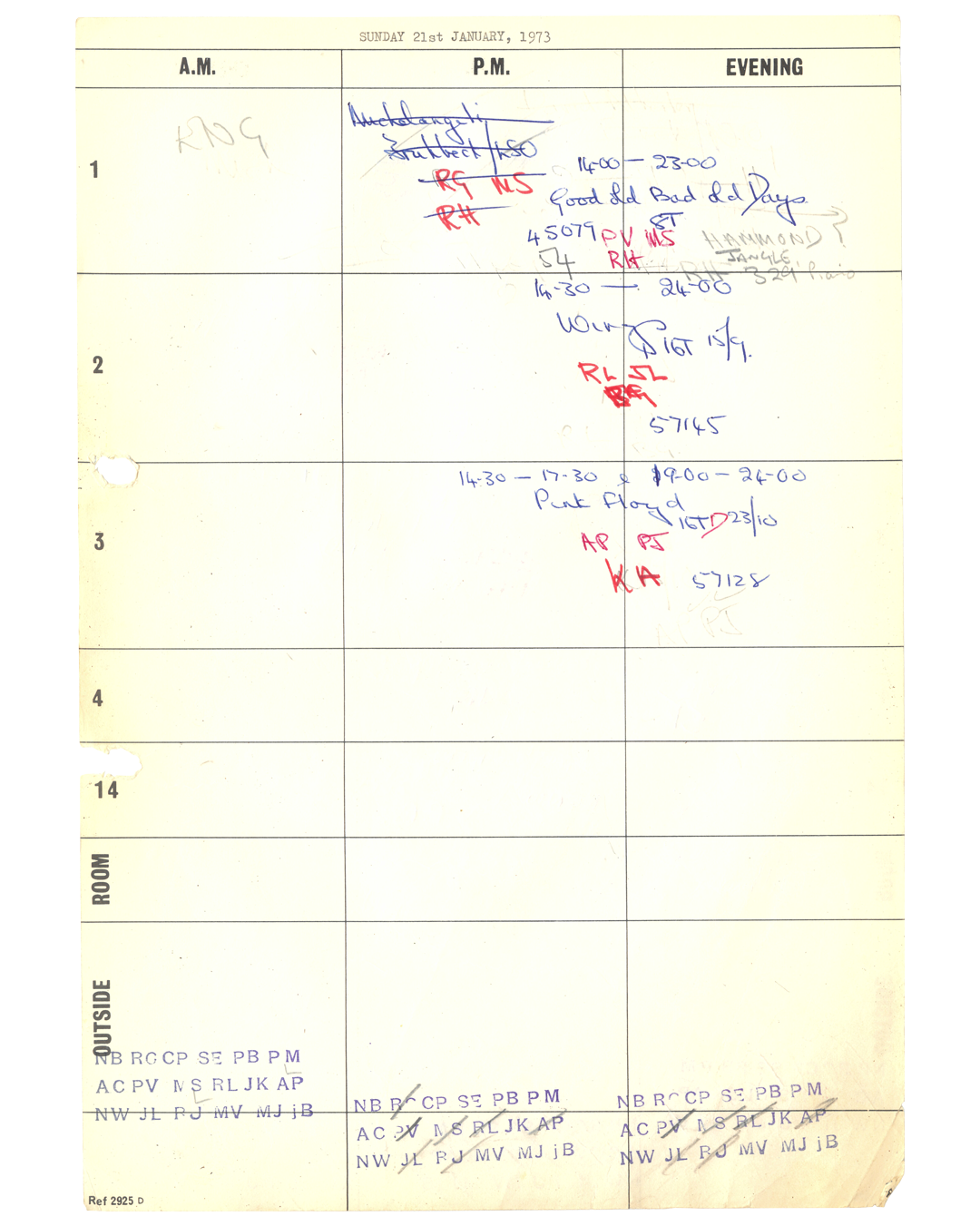Abbey Road recording schedule for January 21, 1973