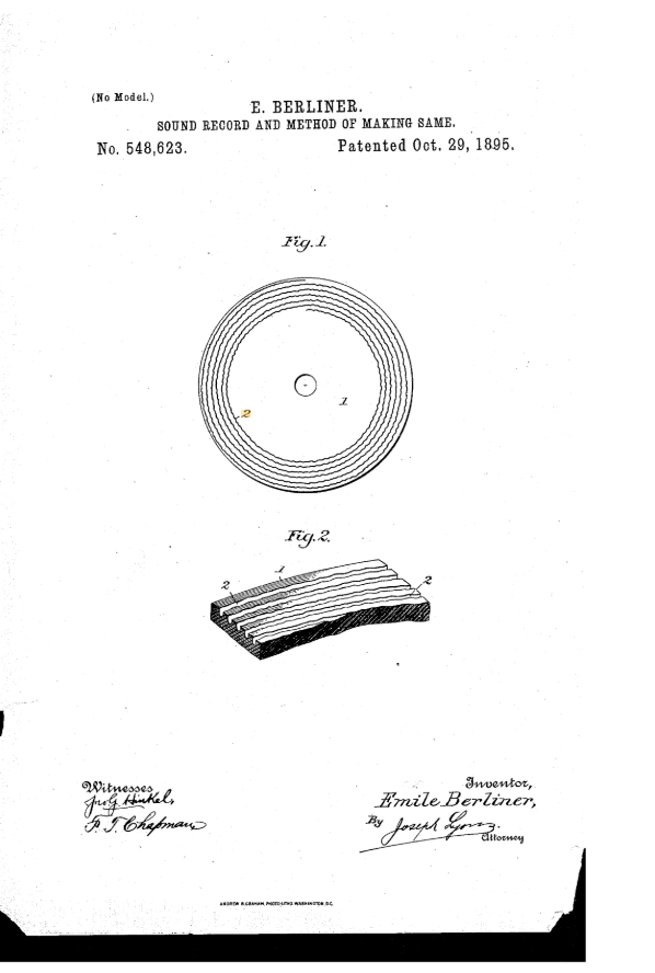 Patent drawing by Berliner for a method of reproducing sound records, 1895, patent number US548623.