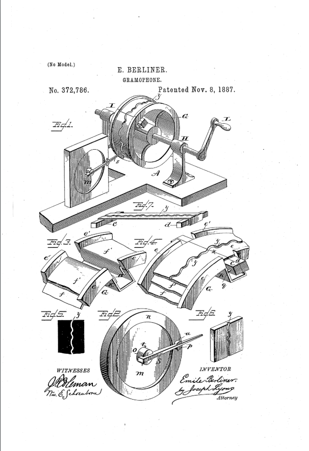 Berliner's "Gramophone" patent drawing, granted 1887, patent number US372786.