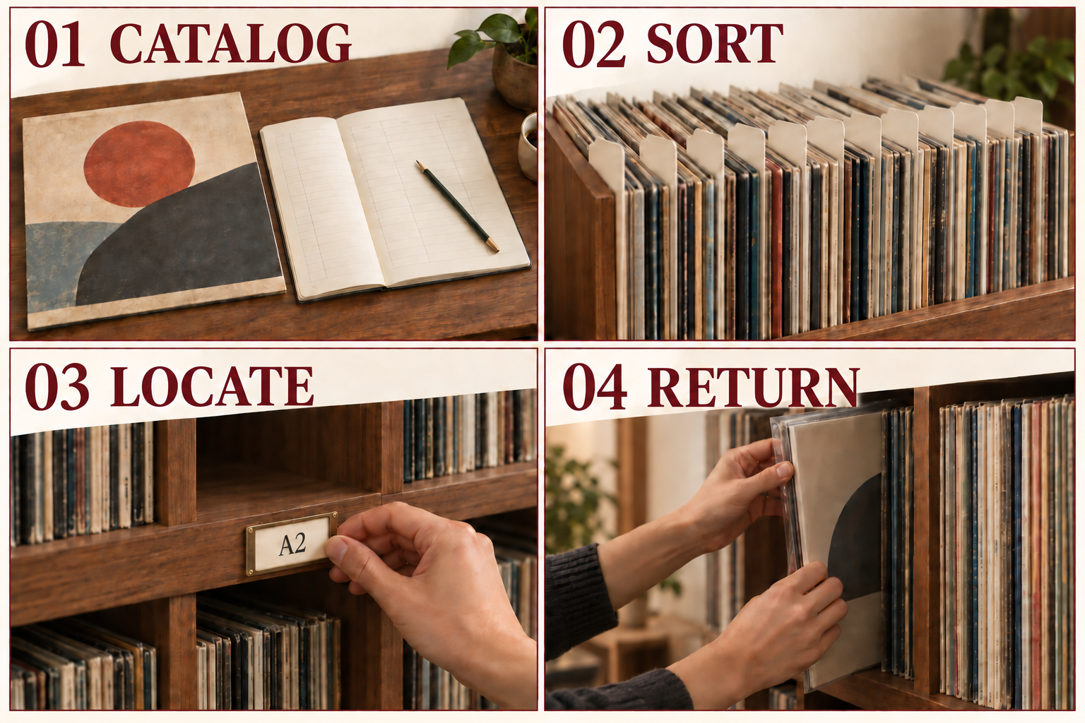 AI-generated workflow illustration: catalog, sort, locate, and return records to keep your digital catalog and physical shelves aligned.