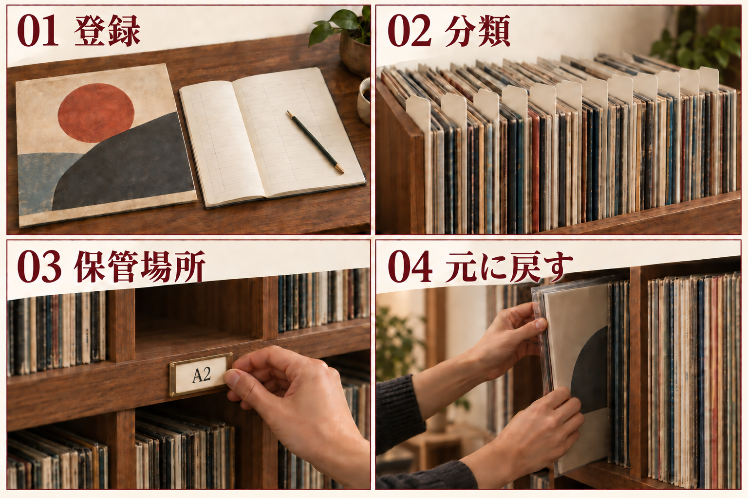 AIで生成した整理の流れ。登録、分類、保管場所の記録、元に戻す習慣で、デジタルの一覧と実物の棚を対応させます。