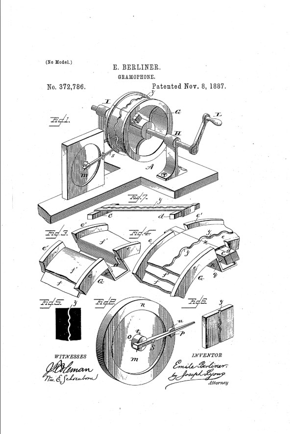 ベリナーが1887年に取得した「グラモフォン」特許の図面、特許番号US372786。